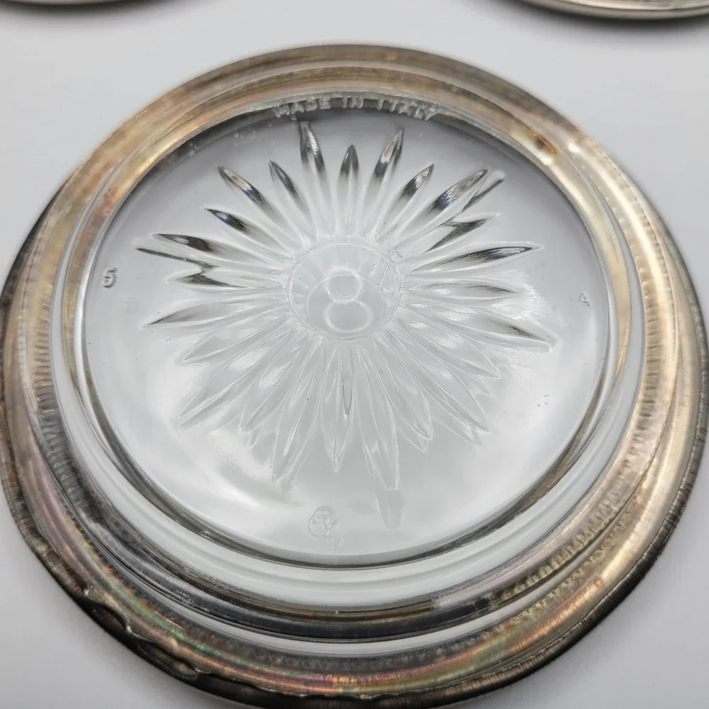 Leonard Silverplate Glass Coasters Set of 3 Made in Italy Sunburst Beaded Rim